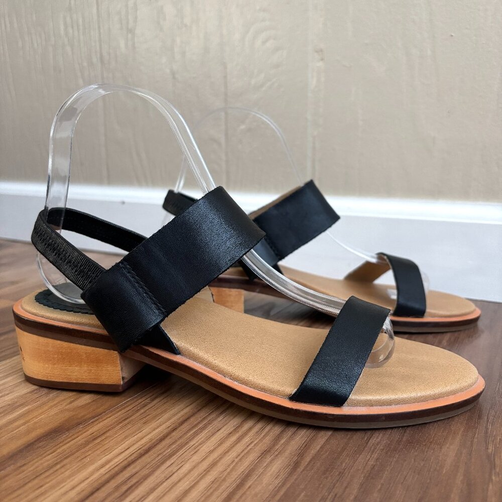 Anthropologie Leather Essential Black Latigo Halo Block Heel Sandals - Picture 2 of 10